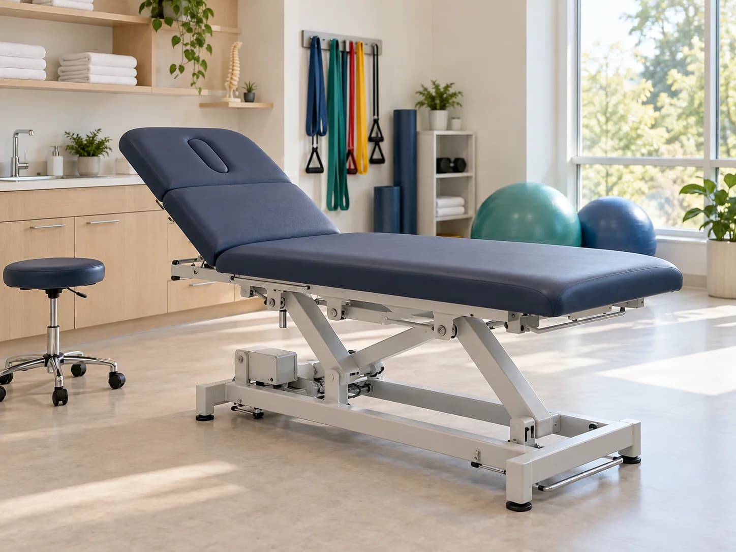 A clinical treatment room with an examination table, rehabilitation equipment and neatly arranged supplies